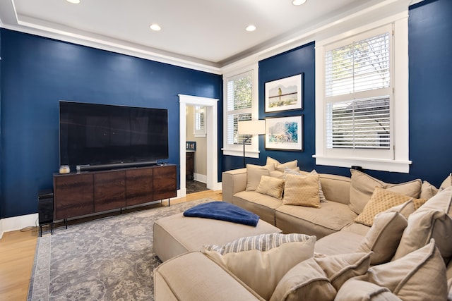 living room with plenty of natural light and hardwood / wood-style flooring