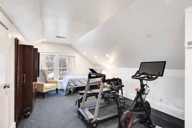 workout room featuring lofted ceiling