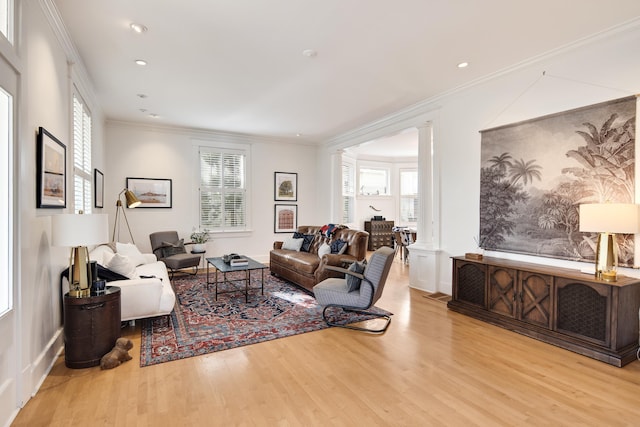 living room featuring light hardwood / wood-style floors and crown molding