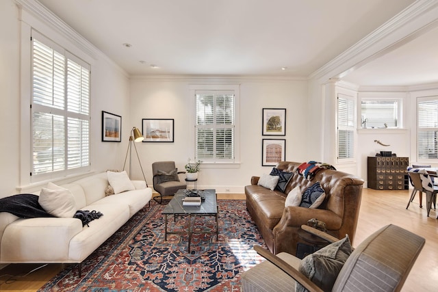 living room with a wealth of natural light, ornamental molding, and light hardwood / wood-style flooring