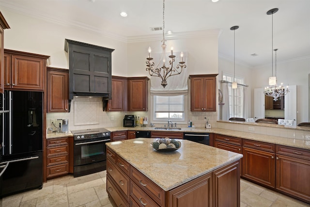 kitchen with black appliances, a center island, an inviting chandelier, sink, and hanging light fixtures