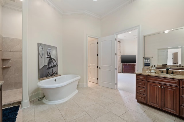 bathroom featuring tile patterned flooring, vanity, ornamental molding, and plus walk in shower