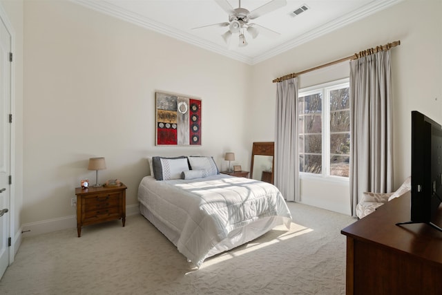 carpeted bedroom with ceiling fan, multiple windows, and crown molding