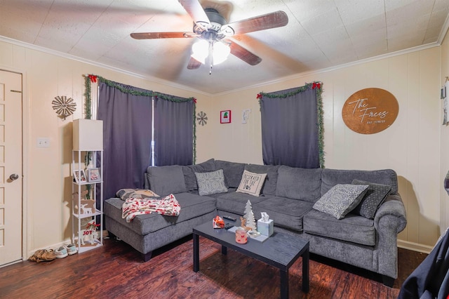 living room featuring ceiling fan, dark hardwood / wood-style flooring, and crown molding