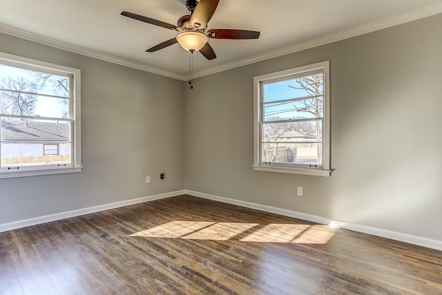 unfurnished room featuring crown molding, ceiling fan, and dark hardwood / wood-style flooring