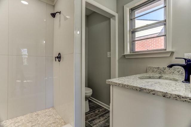 bathroom featuring vanity, toilet, and walk in shower