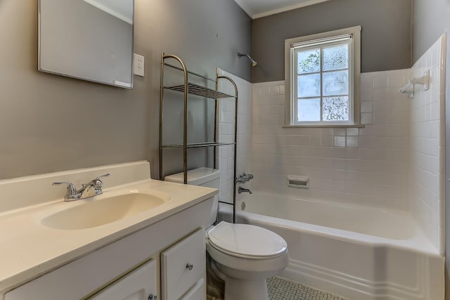 full bathroom with toilet, tile patterned flooring, tiled shower / bath combo, and vanity