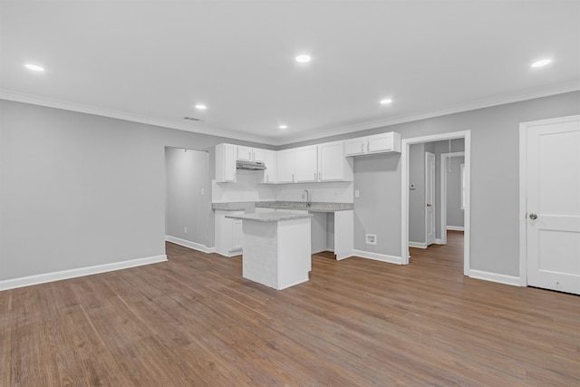 kitchen featuring light wood-type flooring, light stone countertops, white cabinets, and a center island