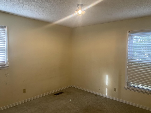 spare room featuring a textured ceiling and carpet