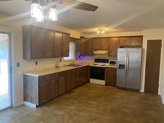 kitchen with a wealth of natural light, stainless steel appliances, dark brown cabinetry, and sink