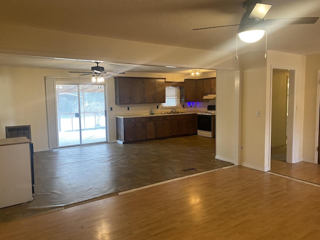 kitchen featuring ceiling fan, white electric range oven, dark hardwood / wood-style flooring, and sink