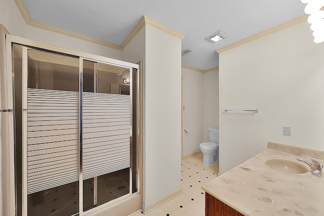 bathroom featuring vanity, crown molding, toilet, and walk in shower