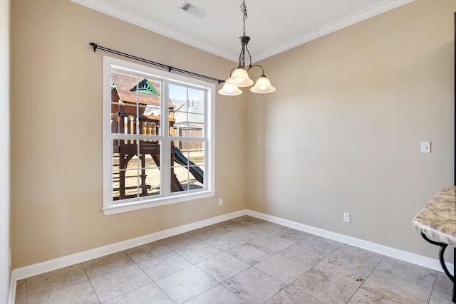 unfurnished dining area featuring a notable chandelier, baseboards, visible vents, and crown molding