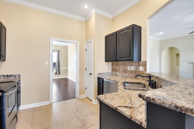 kitchen with crown molding, stainless steel electric range oven, a sink, and light stone countertops