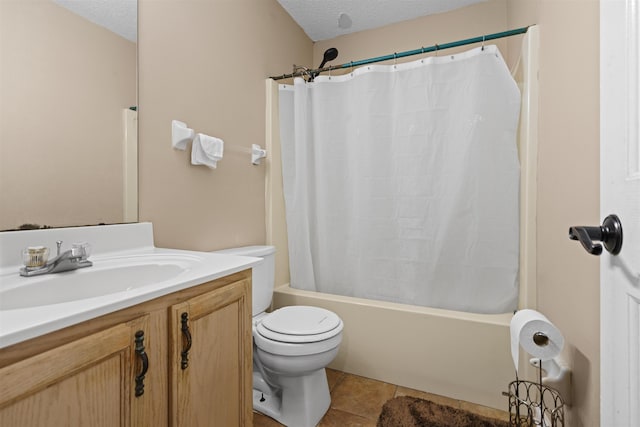 full bathroom with toilet, vanity, tile patterned floors, a textured ceiling, and shower / bath combo with shower curtain