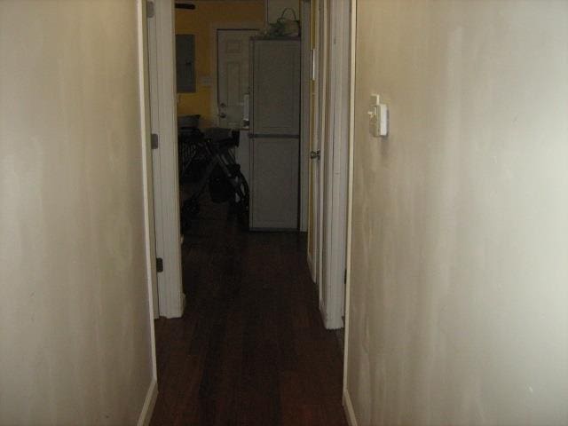 corridor with dark hardwood / wood-style floors and electric panel