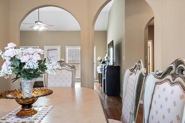 dining room with hardwood / wood-style flooring and ceiling fan