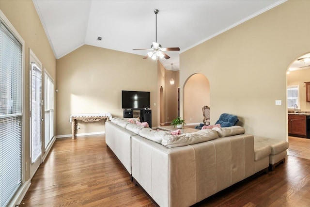 living room featuring ceiling fan, hardwood / wood-style floors, crown molding, and lofted ceiling