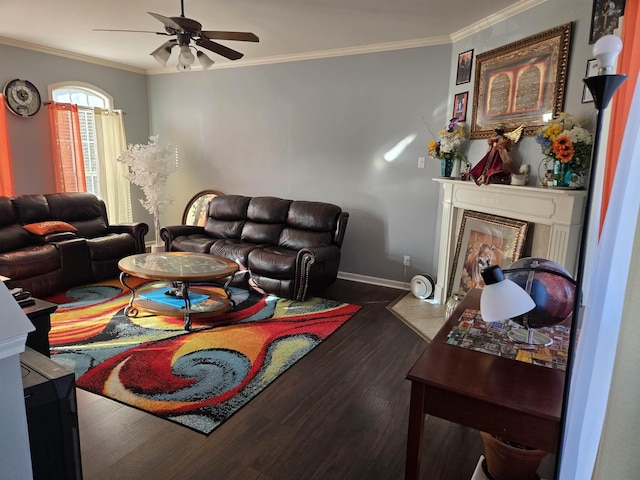 living room with ceiling fan, dark hardwood / wood-style flooring, and ornamental molding