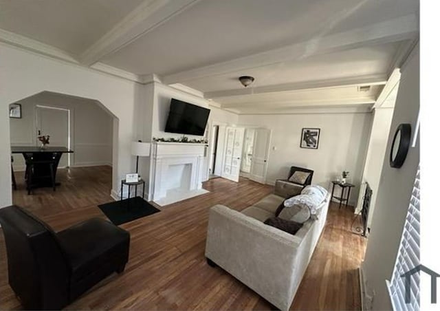 living room featuring beam ceiling, dark wood-type flooring, and ornamental molding