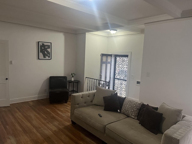 living room with dark hardwood / wood-style floors and beamed ceiling