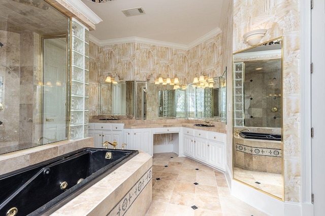 bathroom featuring ornamental molding, shower with separate bathtub, and vanity