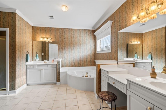 bathroom with tile patterned flooring, crown molding, a tub to relax in, and vanity