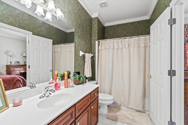 bathroom featuring tile patterned floors, vanity, a shower with curtain, toilet, and ornamental molding