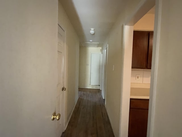 hallway with dark hardwood / wood-style flooring