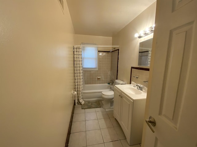 full bathroom featuring toilet, shower / bath combo, backsplash, tile patterned floors, and vanity