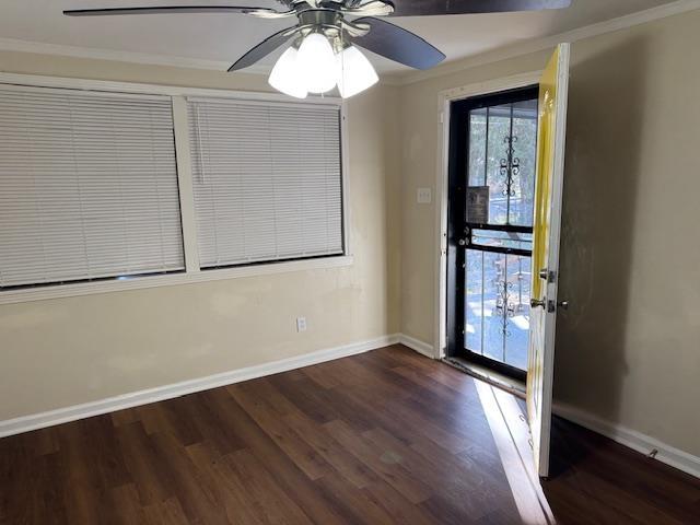 interior space with ceiling fan, dark hardwood / wood-style floors, and crown molding