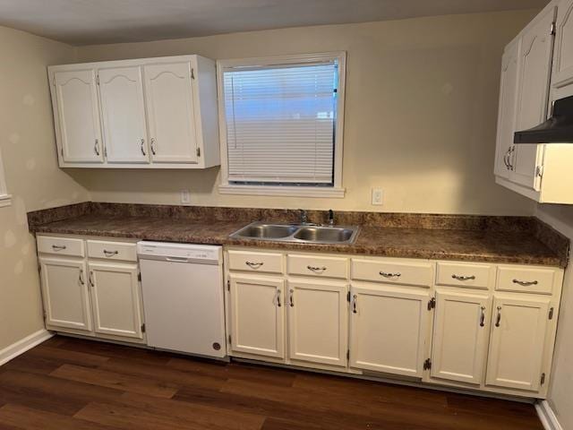 kitchen featuring dark hardwood / wood-style flooring, white dishwasher, white cabinets, and sink