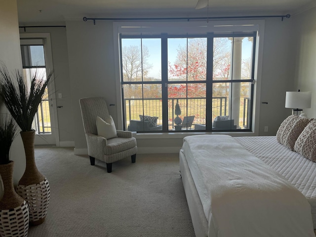 bedroom featuring carpet floors, access to exterior, multiple windows, and ceiling fan