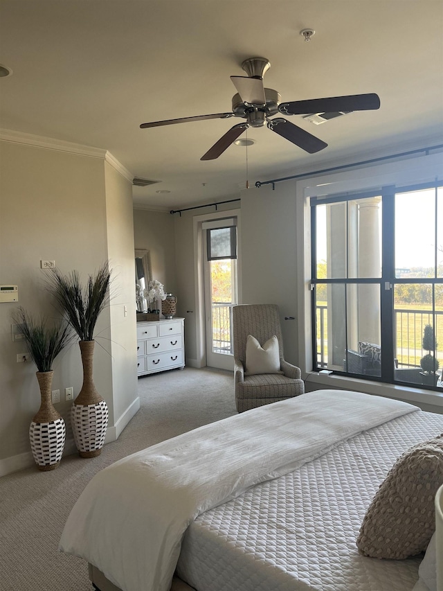 bedroom with ceiling fan, ornamental molding, light colored carpet, and access to outside