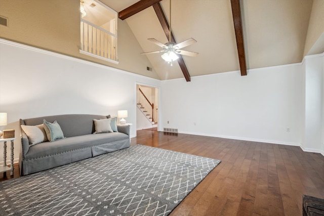 living room with high vaulted ceiling, dark wood-type flooring, beamed ceiling, and ceiling fan