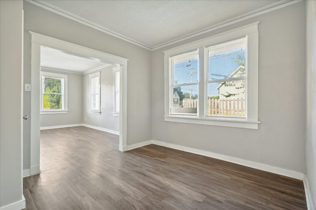 spare room featuring a textured ceiling, dark hardwood / wood-style floors, and ornamental molding