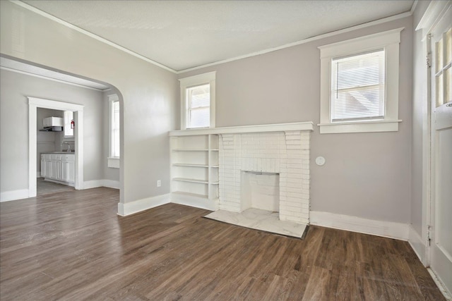 unfurnished living room with sink, dark hardwood / wood-style floors, ornamental molding, and a fireplace