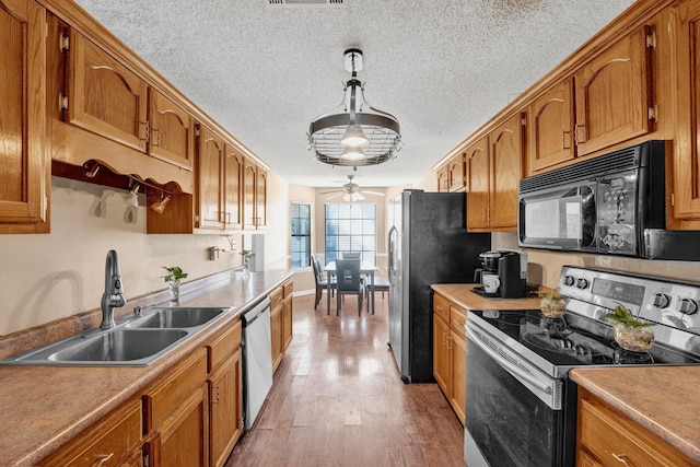 kitchen with appliances with stainless steel finishes, decorative light fixtures, sink, ceiling fan, and light hardwood / wood-style flooring