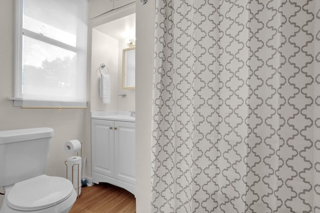 bathroom featuring hardwood / wood-style flooring, a shower, toilet, and vanity