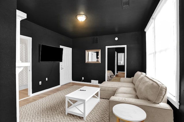 living room featuring ornate columns and wood-type flooring