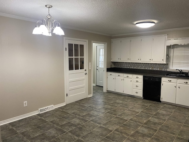 kitchen featuring sink, white cabinetry, dishwasher, and hanging light fixtures