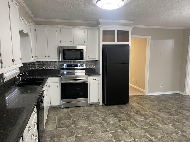 kitchen with white cabinetry, backsplash, ornamental molding, black appliances, and sink