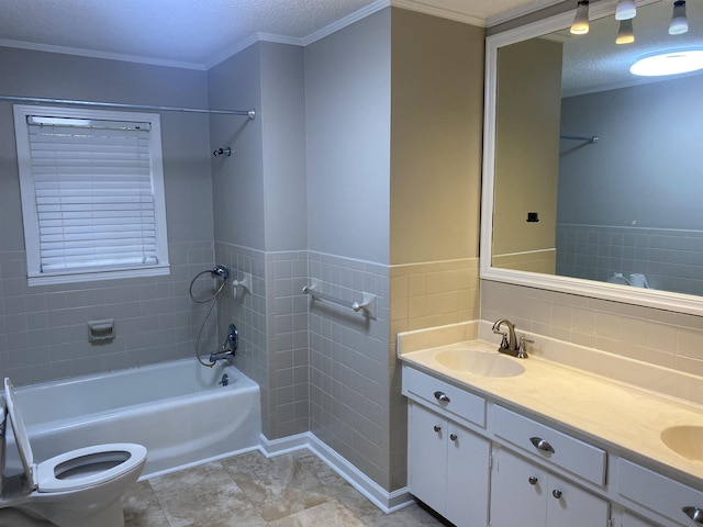 full bathroom with a textured ceiling, tile patterned floors, vanity, tile walls, and  shower combination