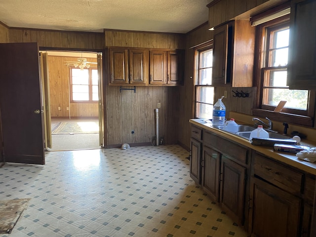 kitchen with sink, wood walls, and a textured ceiling