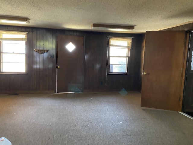 entryway featuring a textured ceiling, carpet, and wood walls