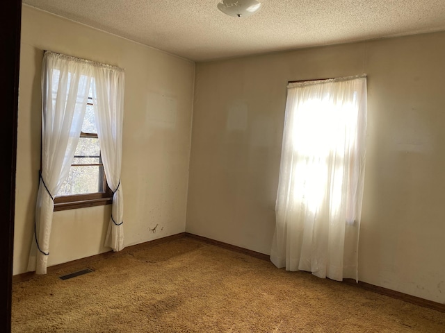 unfurnished room featuring light colored carpet and a textured ceiling