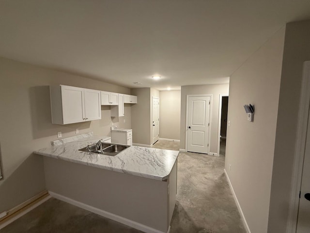 kitchen featuring kitchen peninsula, sink, and white cabinets