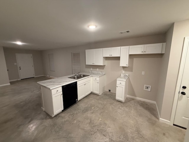 kitchen featuring white cabinetry, dishwasher, sink, and light stone countertops