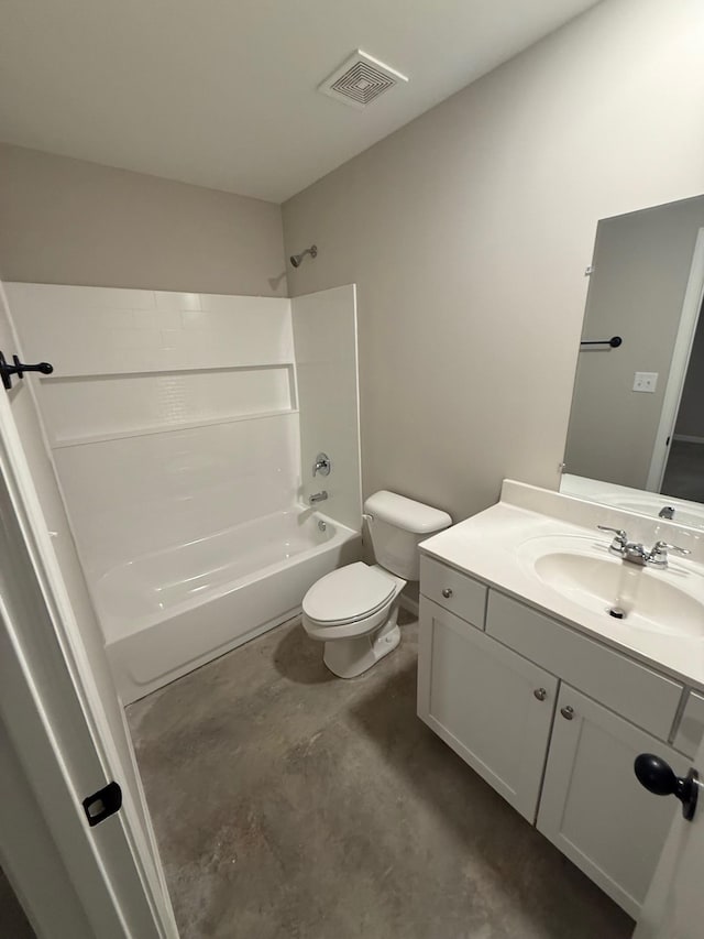 full bathroom with vanity, toilet, concrete floors, and shower / bathing tub combination