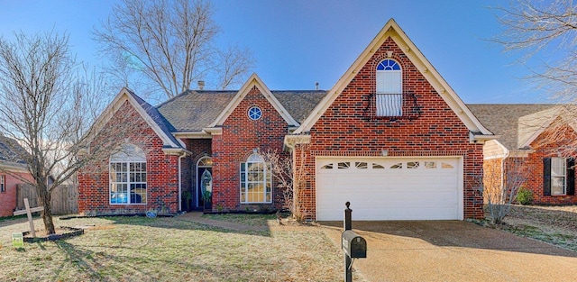 tudor-style house featuring a garage and a front lawn